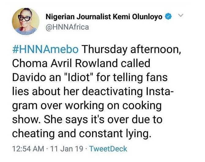 Chioma allegedly calls Davido an idiot for lying to fans over their breakup