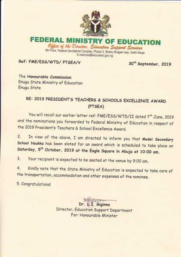 Model Secondary School Nsukka, emerges FG’s 2019 educational award winner