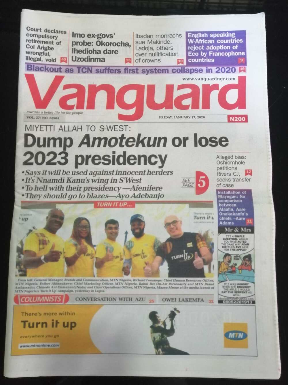 Newspaper review for Friday, January 17: Amotekun aligns with Buhari's security vision - Fayemi