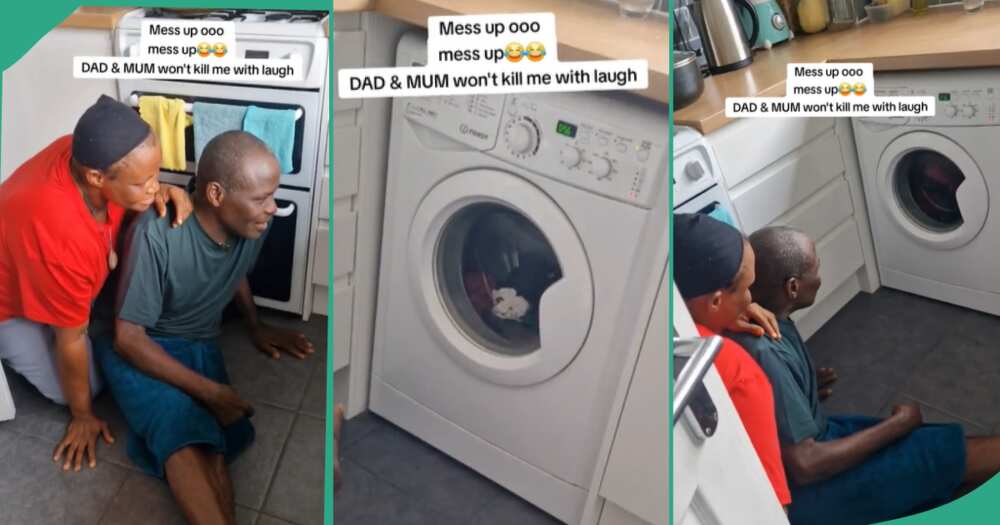 Man and his wife observing washing machine.