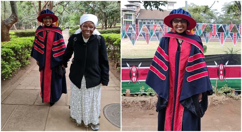 Cathy Mwangi being walked to school by her mum for her PhD graduation ceremony. Cathy Mwangi being walked to school by her mum for her PhD graduation ceremony.