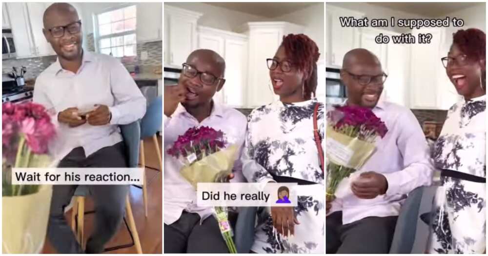 Man chews flowers wife got him, wife gifts hubby flowers, romantic couple