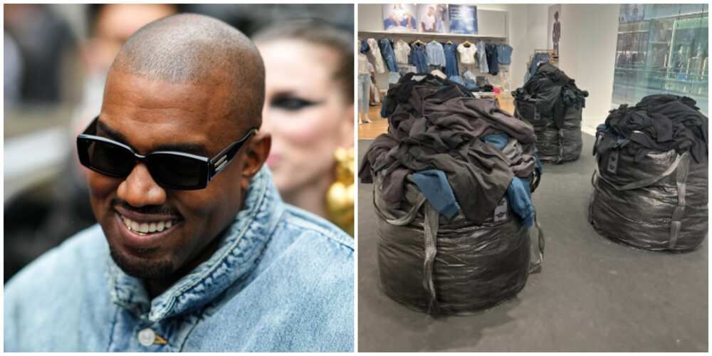 Photos of Kanye West and trash bags of Yeezy Gap