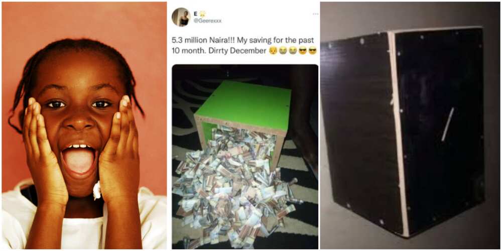 Mixed reactions as Nigerian lady shares photo as she celebrates finding N5.3m in her piggy bank