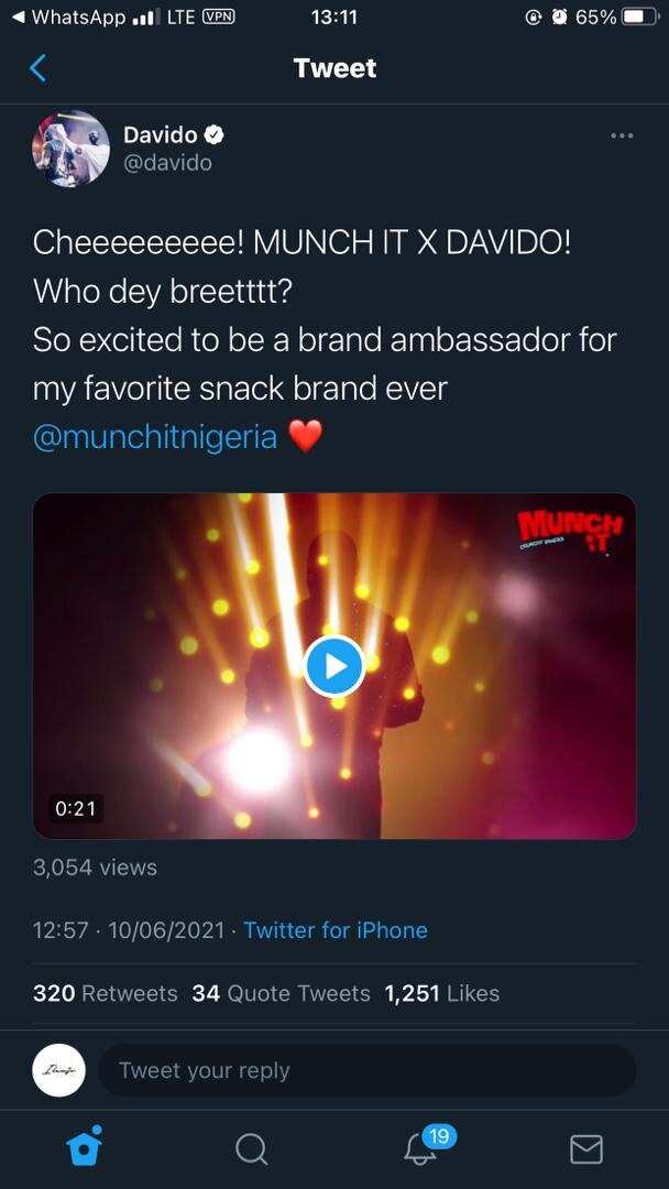 Davido Unveiled As the Brand Ambassador for Munch It Snack