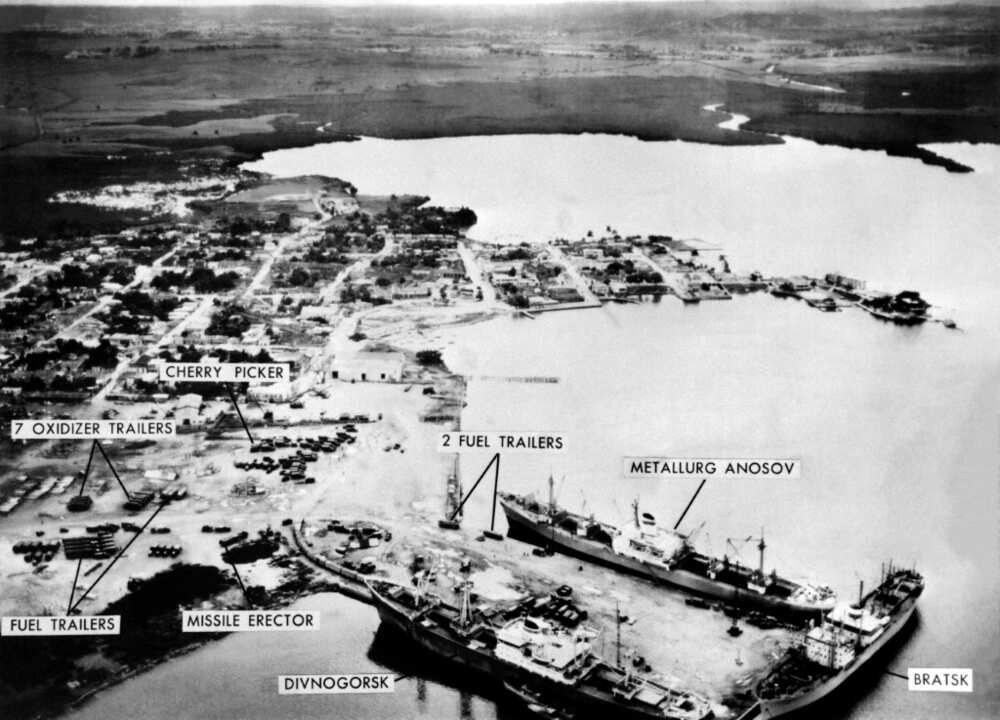 Aerial picture taken on November 10, 1962 during the Cuban missile crisis of the Mariel naval port in Cuba showing three Soviet ships waiting to be loaded with missiles in accordance with a US-Soviet withdrawal agreement