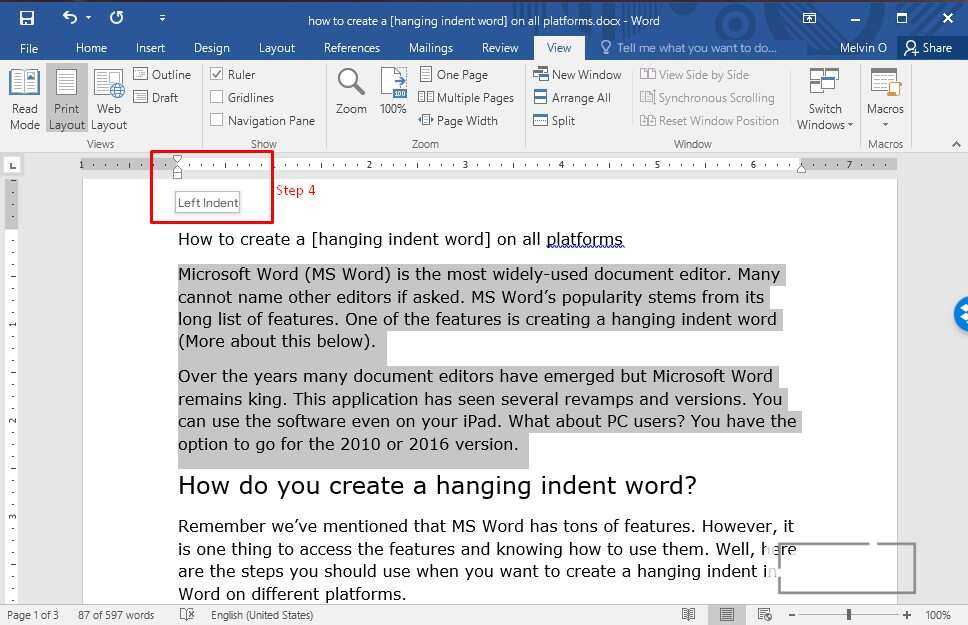 how to make a first line indent in word 2016