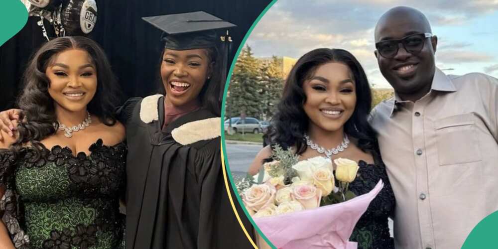 Mercy Aigbe with daughter Michelle at graduation, Mercy Aigbe and husband Kazim at daughter's graduation in Canada