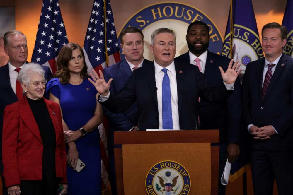 Flanked by fellow House Republicans, US congressman James Comer of Kentucky lays out the investigations his party will conduct when it takes control of the House of Representatives on January 3, 2023