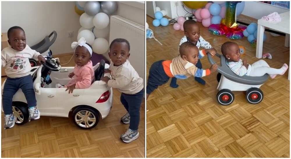 Photos of triplet kids, 1 girl 2 boys.