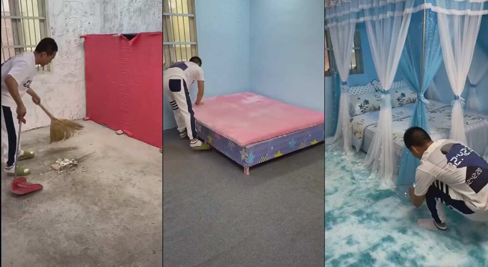 Photos of a man arranging his room to look like a 5-star hotel.