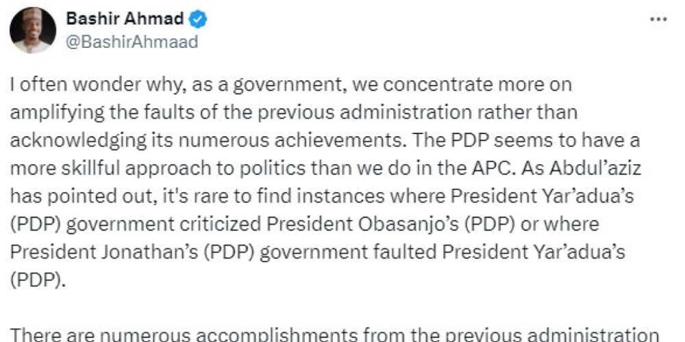 Bashir Ahmad tweet of praising PDP/APC vs PDP