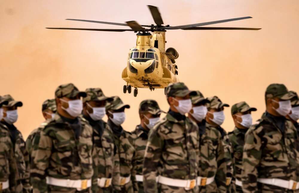 A Royal Moroccan Air Force CH-47 Chinook military helicopter takes off: more than 7,500 personnel from a dozen countries took part in the "African Lion" exercises A Royal Moroccan Air Force CH-47 Chinook military helicopter takes off: more than 7,500 personnel from a dozen countries took part in the "African Lion" exercises