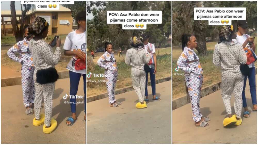 Pyjamas as an indoor outfit/lady in pyjamas on campus. Pyjamas as an indoor outfit/lady in pyjamas on campus.