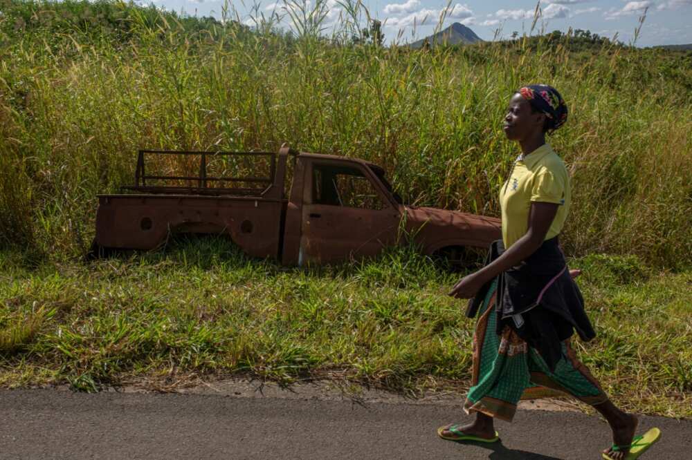 Burned-out carcasses of pickups, already overgrown with tall grass, still dot the landscape in Mozambique