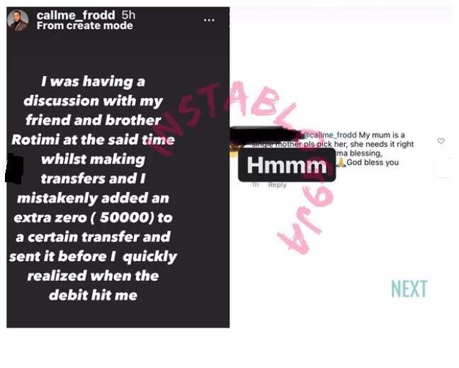 You're bigger than this: Fan tells Frodd after he mistakenly sent N50k instead of N5k
