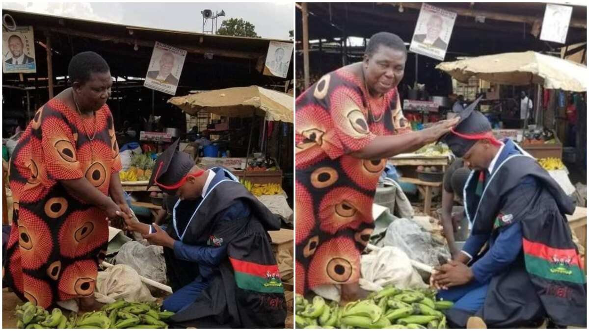 Young man kneels for his grandma in the market, appreciates her for sending him to school, photos go viral