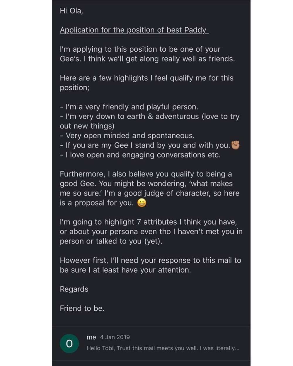 The first email he sent to her. Photo source: Linda Ikeji The first email he sent to her. Photo source: Linda Ikeji