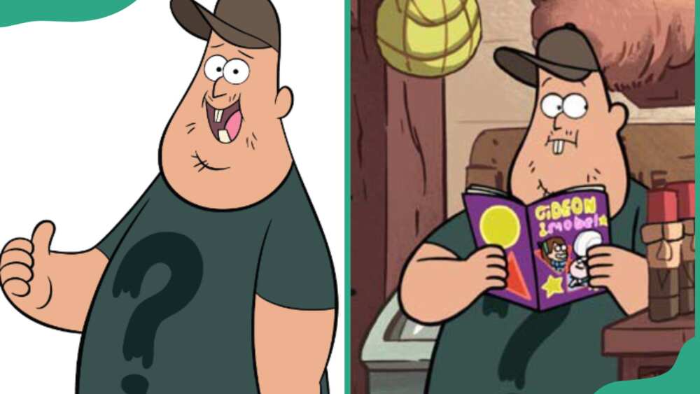 Soos Ramirez with a thumbs-up sign (L). The character reading a book (R)