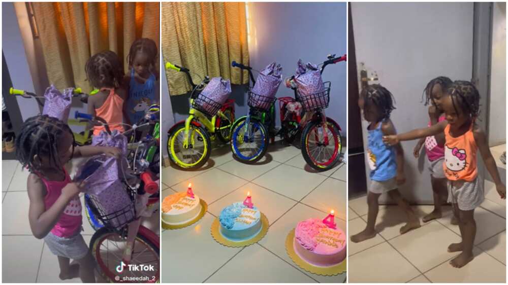 Triplets' birthday/the kids were happy to see their gifts.