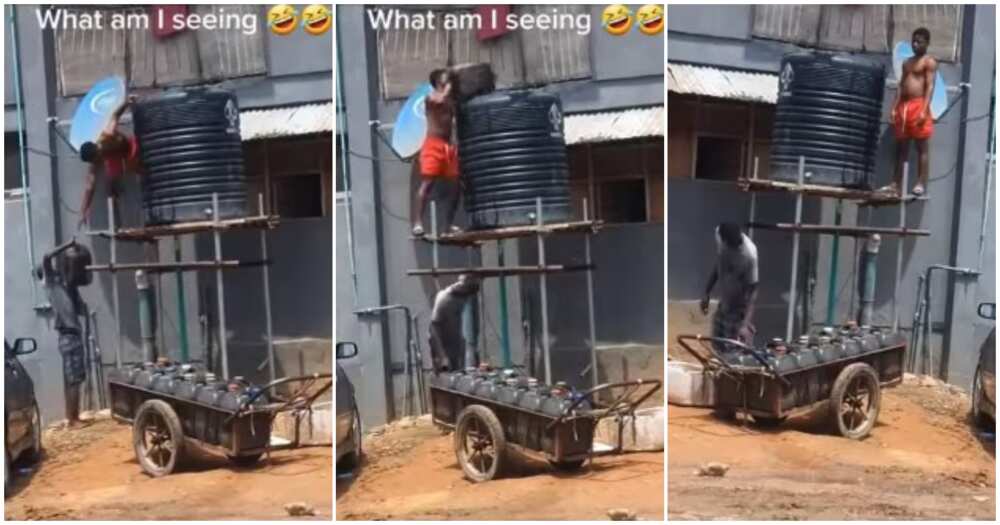 Wheelbarrow of kegs, tank, water, Nigerian man