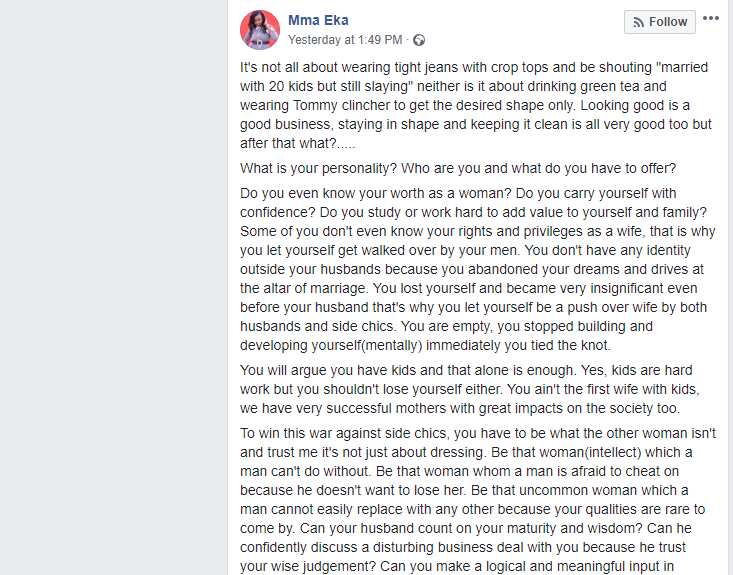 Lady teaches married women how to win war against side chics