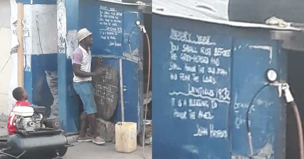 Street vulcanizer in Accra spotted teaching young boy serious English