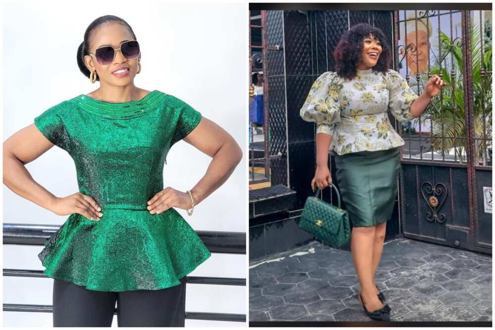 Ladies showing different variations of damask peplum top