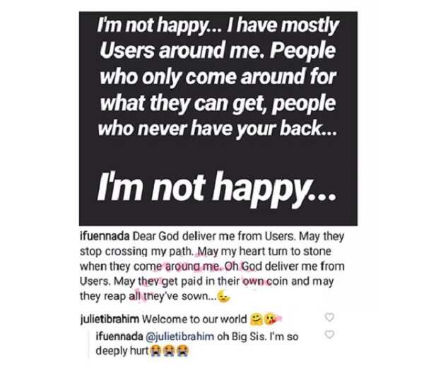 BBNaija's Ifu Ennada laments about having only users around her