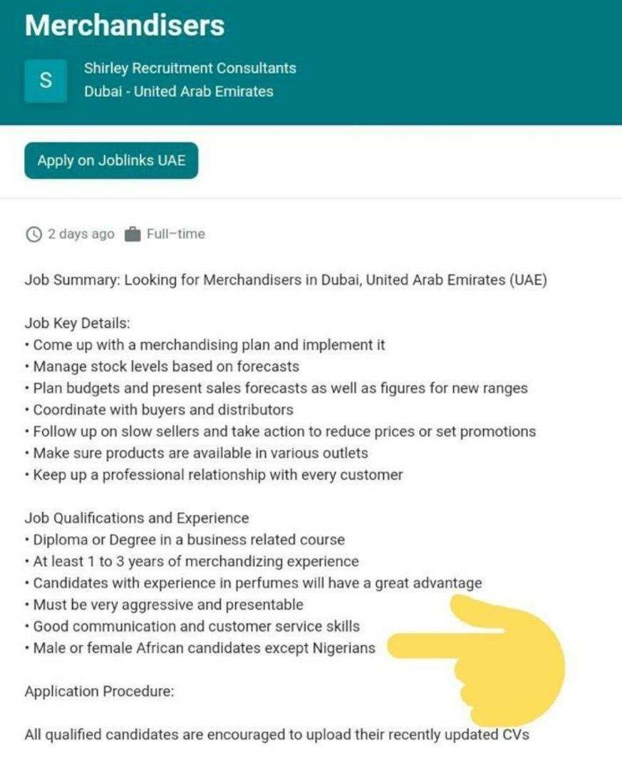Dubai companies exclude Nigerian applicants from vacancies