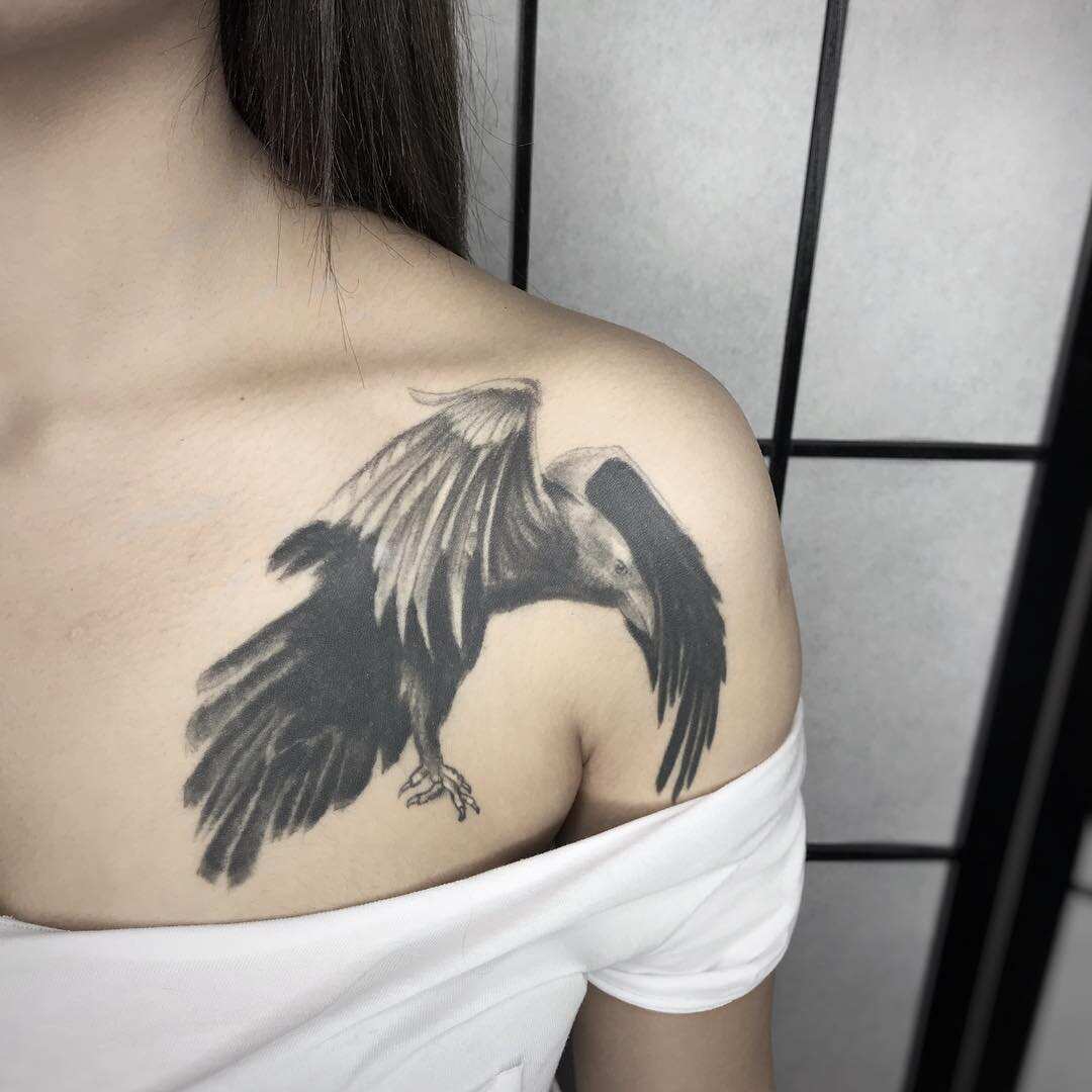 Raven crow bird watercolour coverup tattoo shoulder upper back  Shoulder  cover up tattoos Back of shoulder tattoo Flower tattoo shoulder