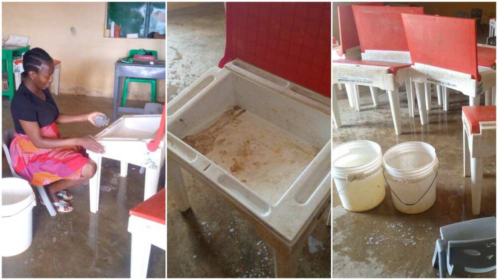 Chairs and tables/Teacher worked hard. Chairs and tables/Teacher worked hard.