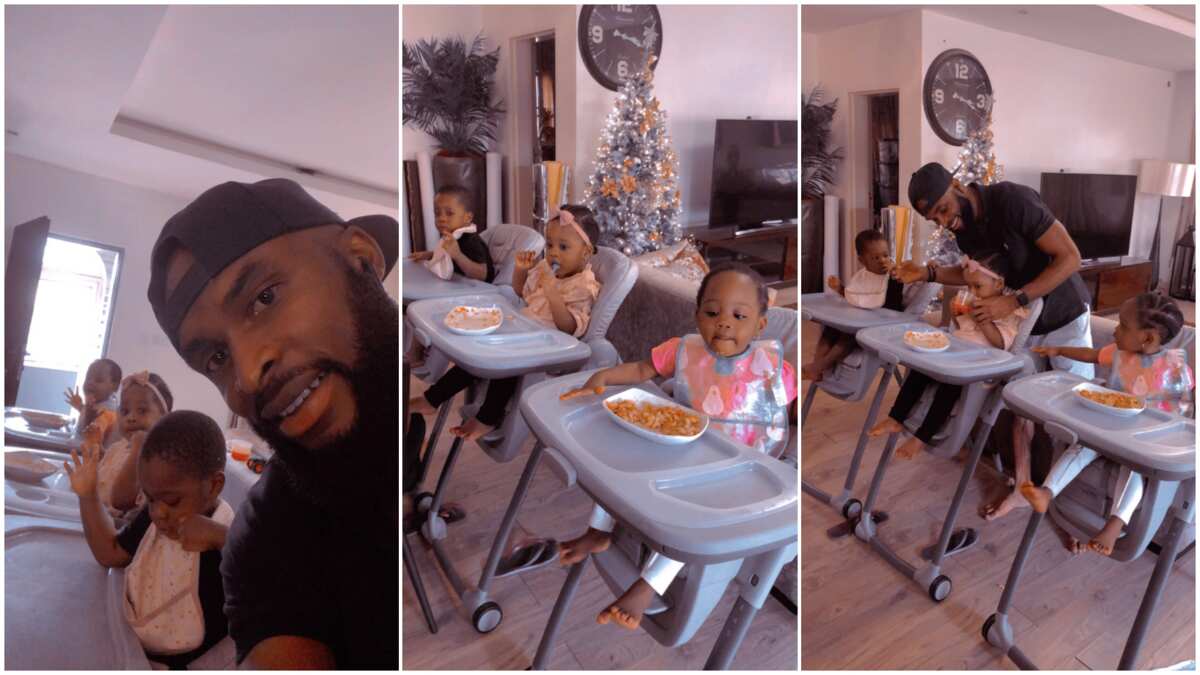 Photos of man babysitting cute triplets as they eat 'break' the internet