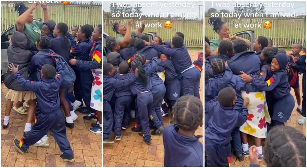 Photos of a teacher and her kids as they welcome her to school after she missed work for one day.