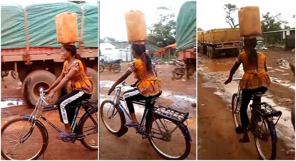 Photos of a woman riding a bicycle with jerrycan on her head.
