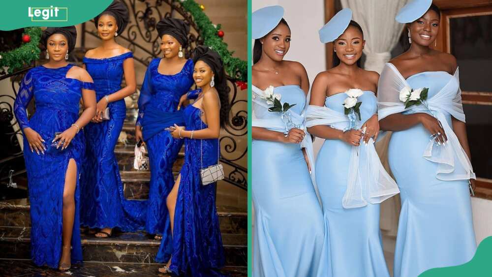 Bridesmaids in blue bridal gown