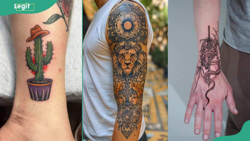 Cactus (L), lion (C) and sword dragon tattoos (R)