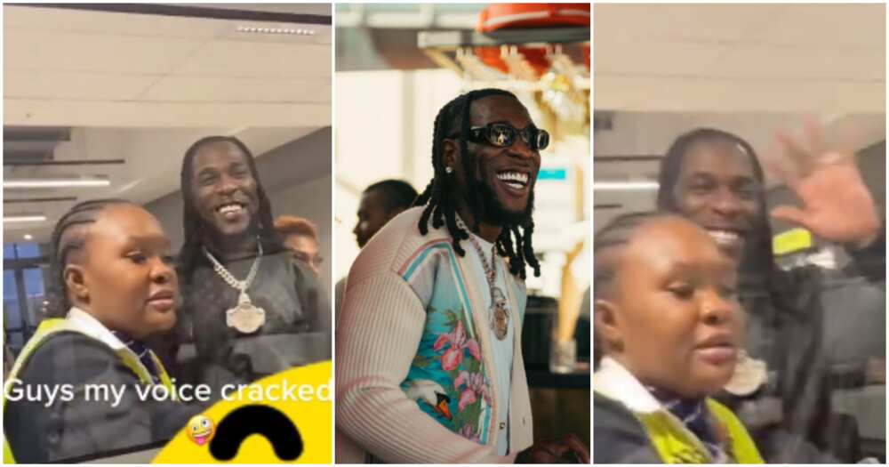 Burna Boy smiles sweetly after meeting female fan at the airport.