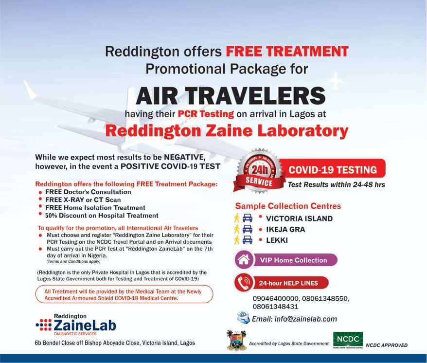 Reddington Zaine Laboratory offers free treatment package for Lagos air travelers