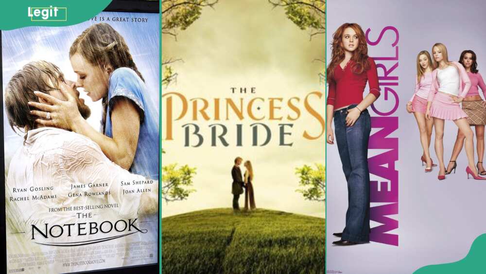 Best girly movies;The Notebook (L), The Princess Bride (C), and Mean Girls (L)