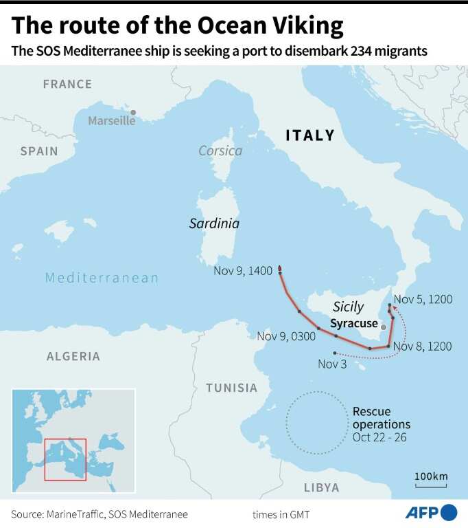 Map of the zone where the NGO vessel, the Ocean Viking, rescued migrants from October 22 to October 26 and its journey since November 3 as it seeks a port to disembark the migrants
