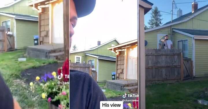 Married woman catches nosy neighbour snooping around her house