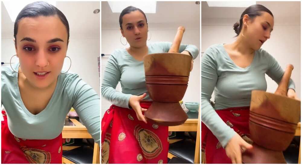 Photos of Joana and the mortar and pestle she bought in Lagos, Nigeria.