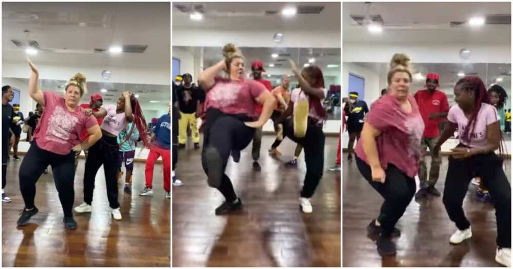 Plus-size Oyinbo leaves many wowed as she shows off dance skill, copies Nigerian moves effortlessly in video
