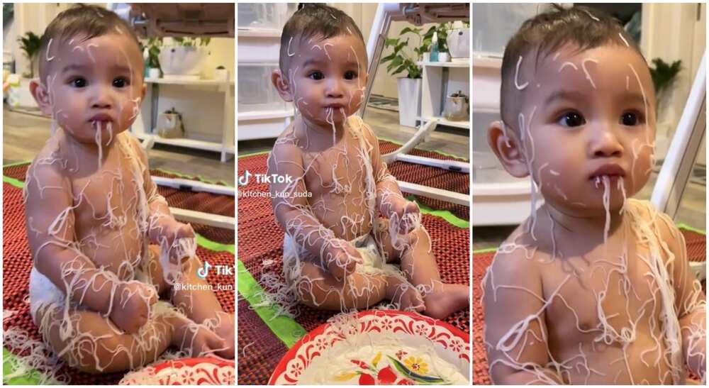 Photos of a baby with noodles on his body.