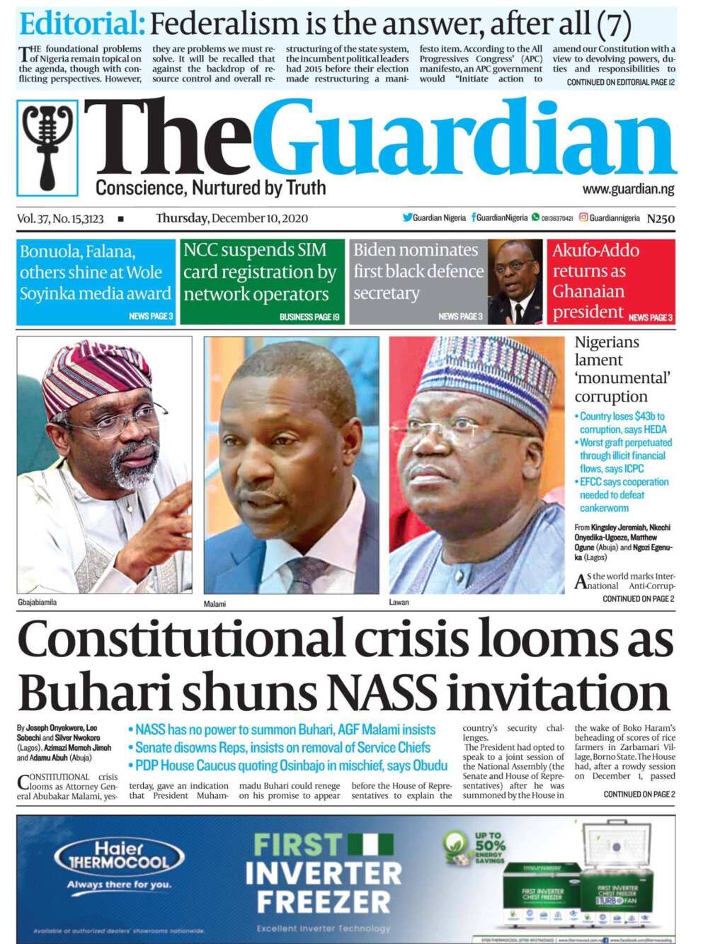 The Guardian newspaper for Thursday, December 10 The Guardian newspaper for Thursday, December 10