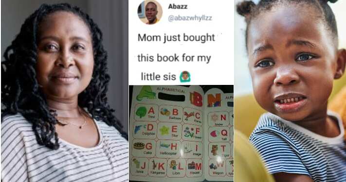 Mum buys alphabet book for daughter, little girl, o for bird
