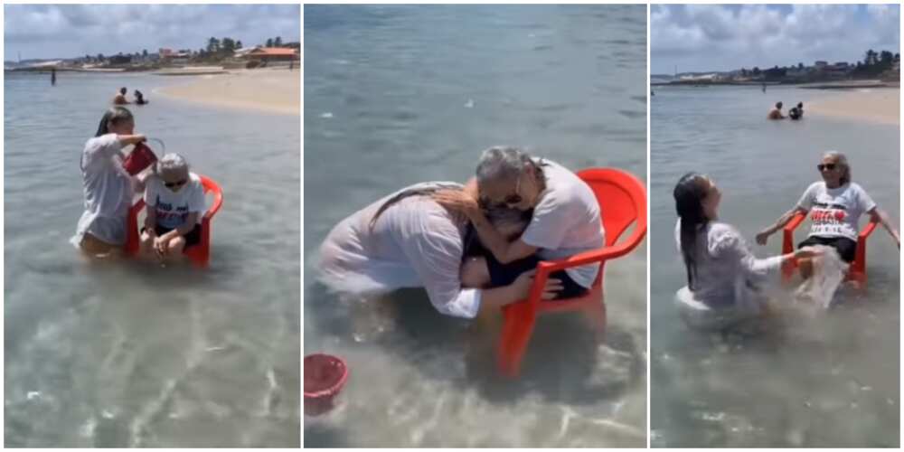 Emotional video shows lady bathing her 94-year-old grandmother in the ocean to help the woman fulfill her dream