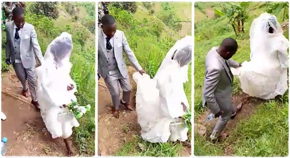 Photos of a bride and her groom walking on a bushy path.