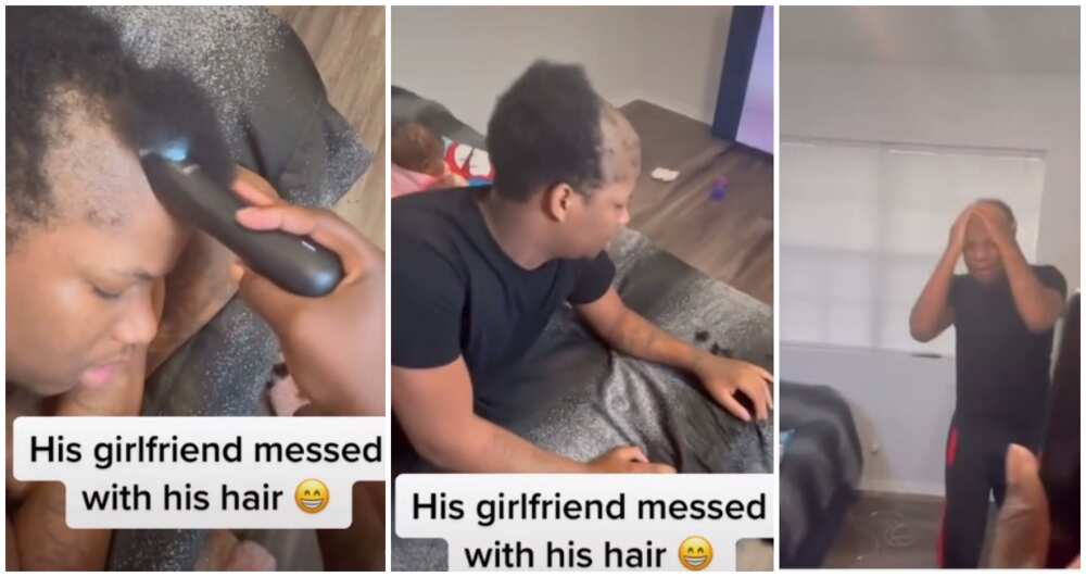 Lady cuts her boyfriend's hair, clipper, lady cuts man's hair while he slept, relationship drama